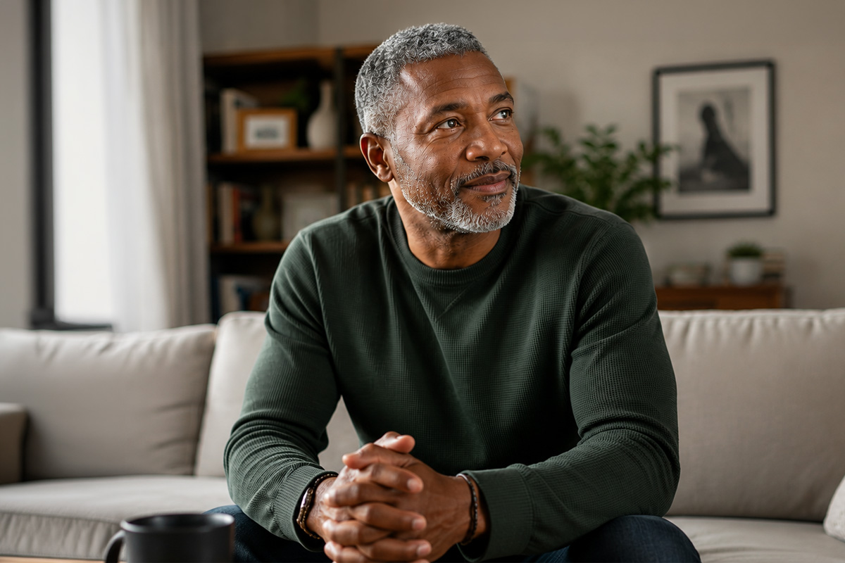 Black barber adjusting the beard of another Black man during a conversation about men’s health